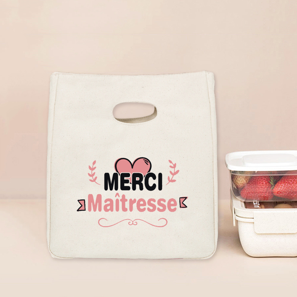 Merci Maitresse Print Lunch Bag Przenośna izolowana płócienna torba termiczna Bento Tote Thermal School Torby do przechowywania żywności Prezent dla nauczyciela: Ciemnoszary