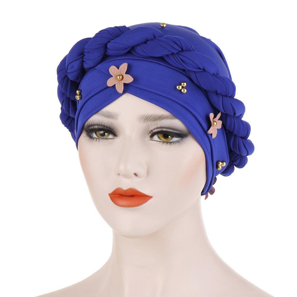 Gorros dorados 3d flor estilo africano sombrero con cuentas musulmana accesorios para el pelo turbante mujer sólida trenzada Banda TUB002: royal