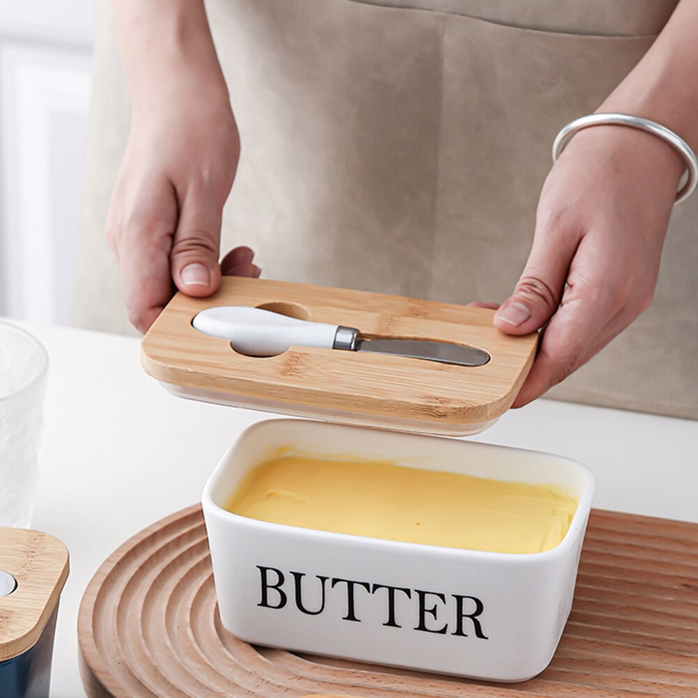 Nordic Butter Sealing Box,Ceramic Butter Plate with Wood Lid and Knife,Cheese Storage Tray Butter Dish Container Box, White