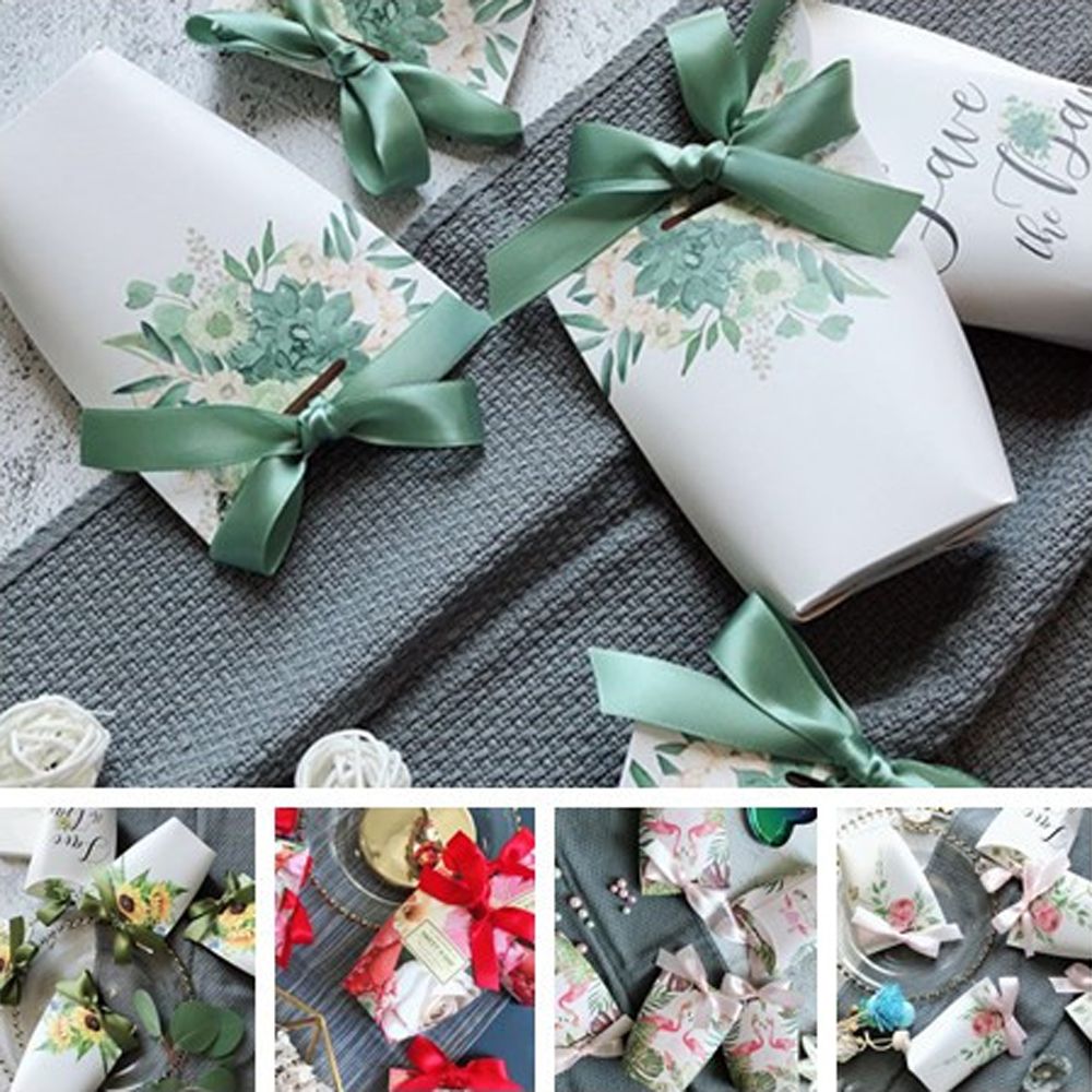 5pcs/lot Candy Box with Ribbon Chocolate Biscuit Candy Bag Paper Packing Pouch Birthday Wedding Wrapping Party Supplies