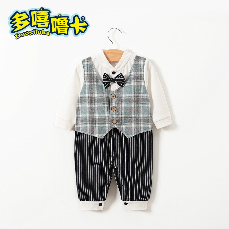 Gentleman Baby Rompertjes Baby Jongens Meisjes Lange Mouwen Rompertjes Baby Jumpsuit Green Grid Strepen Baby Peuter Kleding: 80cm