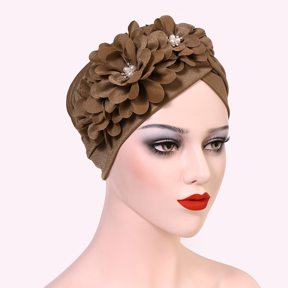 Turbante africano de flores y plumas para Mujer, gorro de , pañuelo musulmán para la cabeza, gorros para de boda, Turbante Autogele para Mujer: Brown