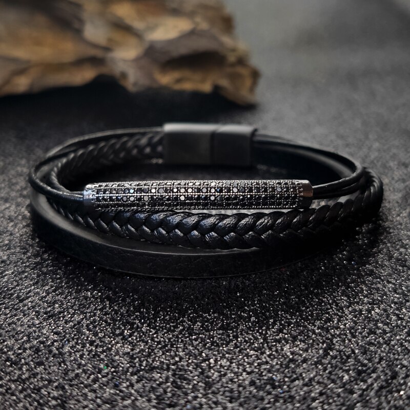 Punk heren armband van roestvrij staal en leer voor dames met bedel en zirkoon voor heren met meerlaagse magnetische sluiting en accessoires