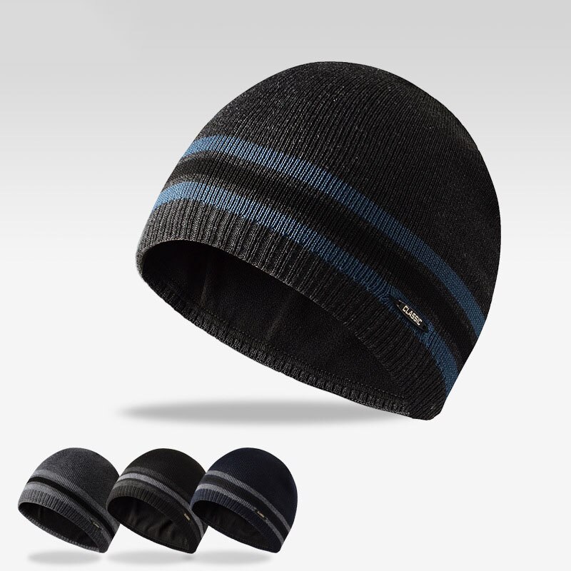 CAMOLAND Winter Plus Fleece Beanies For Men Women Striped Skullcap Warm Knitted Hat Male Sports Hedging Caps