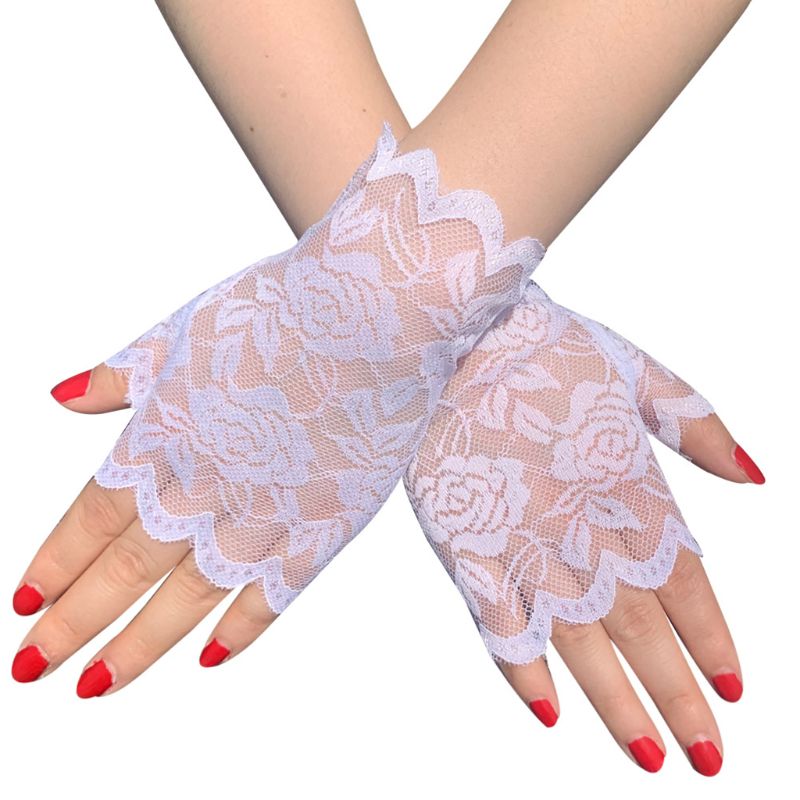 Kvinnor sommar blommiga spetsar fingerfria handskar uv solskydd kör vantar: 3