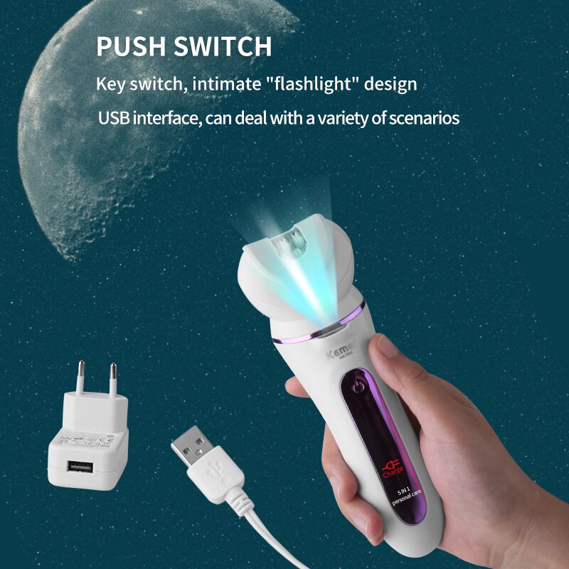 Kemei épilateur électrique 5 en 1 pour femmes Rechargeable pour le visage le corps les sourcils
