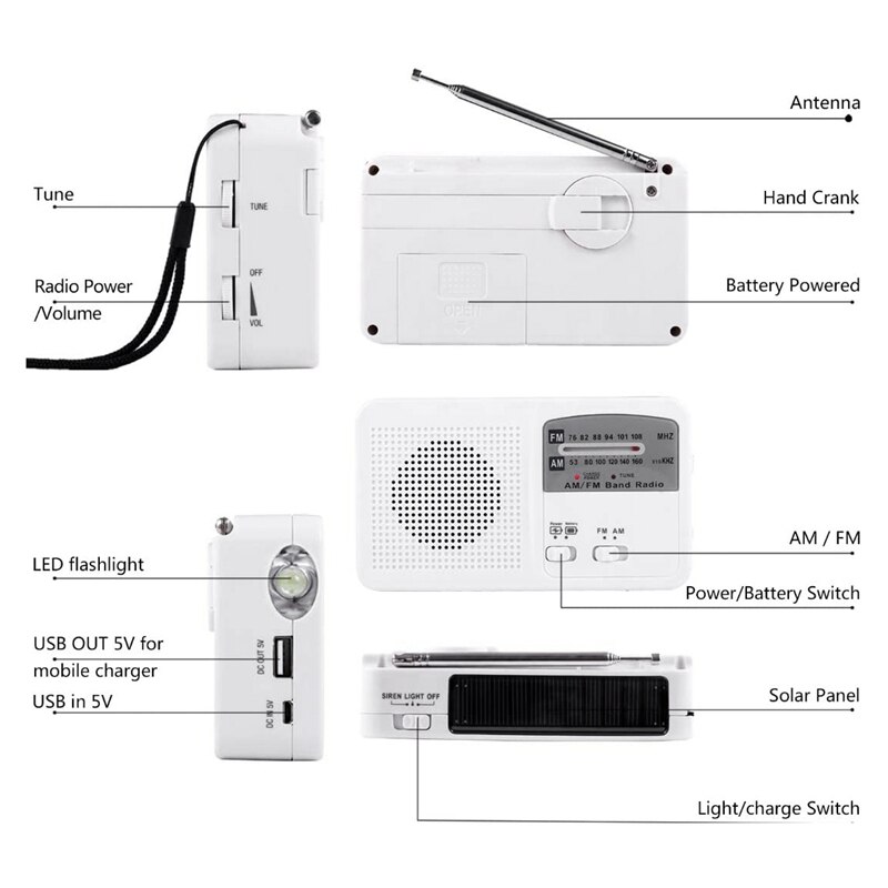 Nødradio med sol- og håndsving, selvdrevet, batteri-usb genopladning fm / am radio-led lommelygte telefonoplader