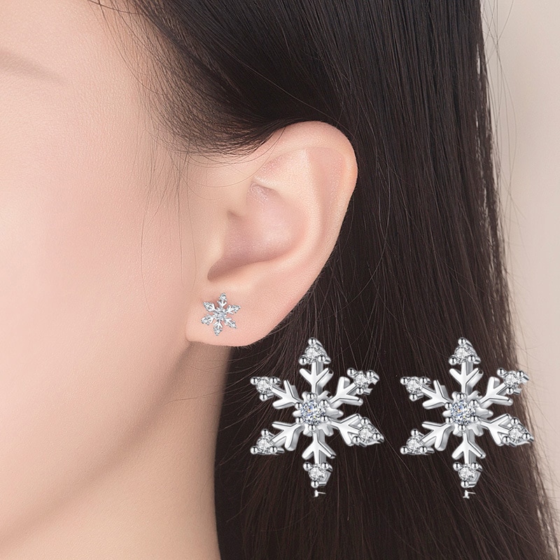 Cz Crystal Snowflake Stud Oorbellen Voor Vrouwen Meisje Kleine Leuke Witte Vergulde Oorbel Mode Kerst Sieraden