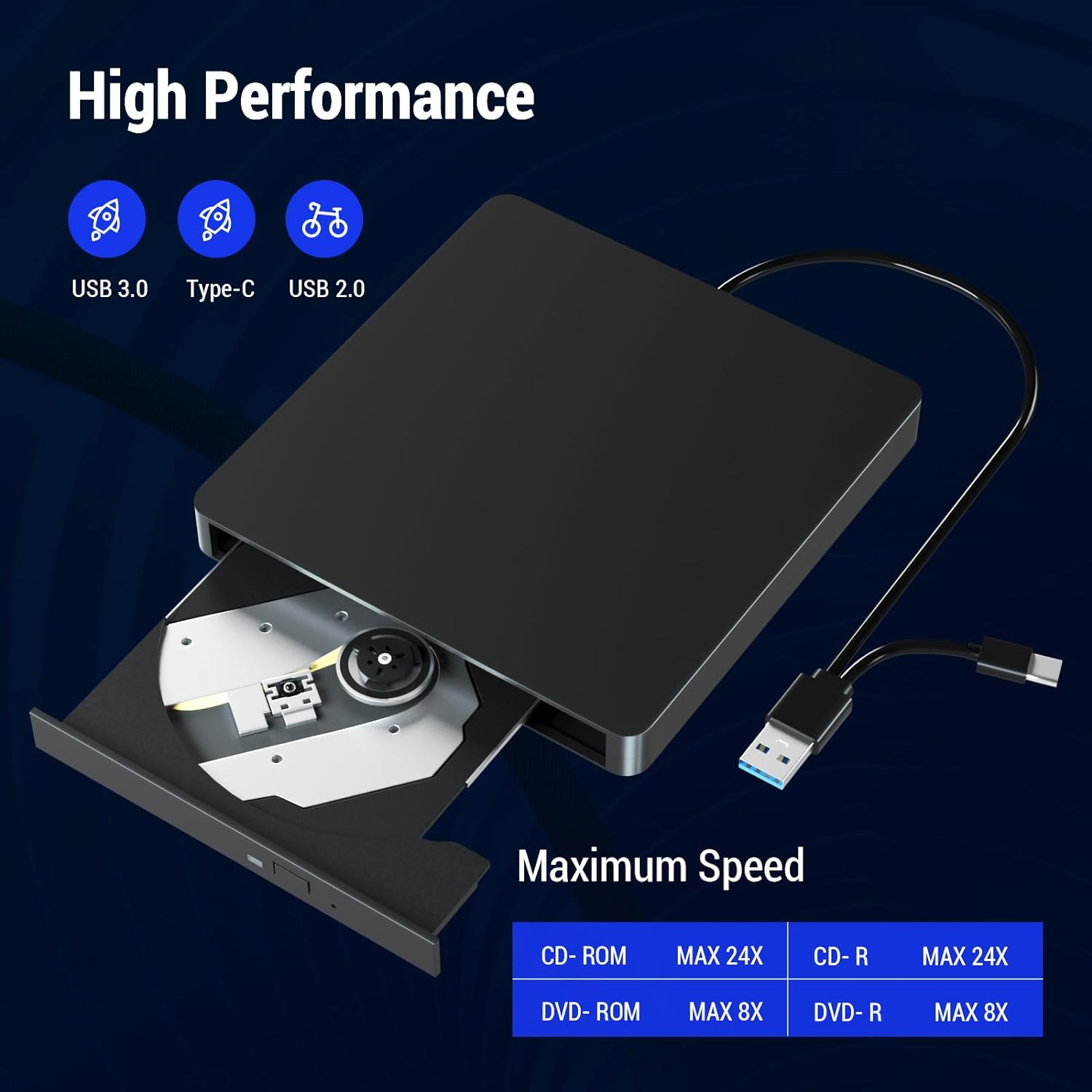Externes CD-DVD –/+RW optisches Laufwerk USB 3.0 Typ C Tragbarer CD-DVD-Player-Brenner für PC Laptop Computer Windows 11/10/8/7 MacOS