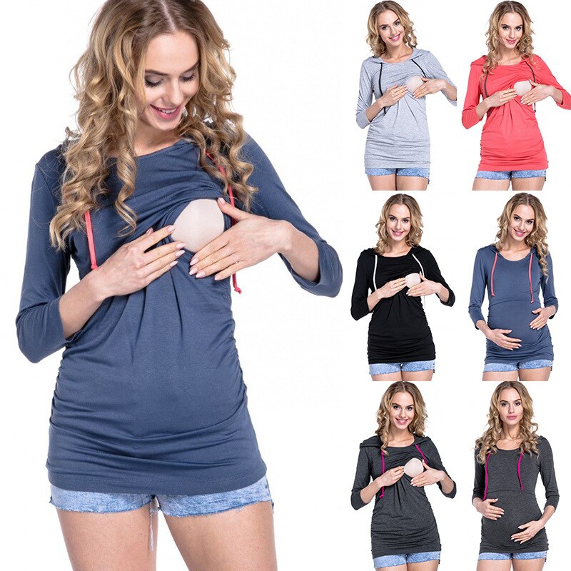Långärmad gravid hoodie bomull gravid topp amningströja för amning höst lapptröja slim-fit t-shirt