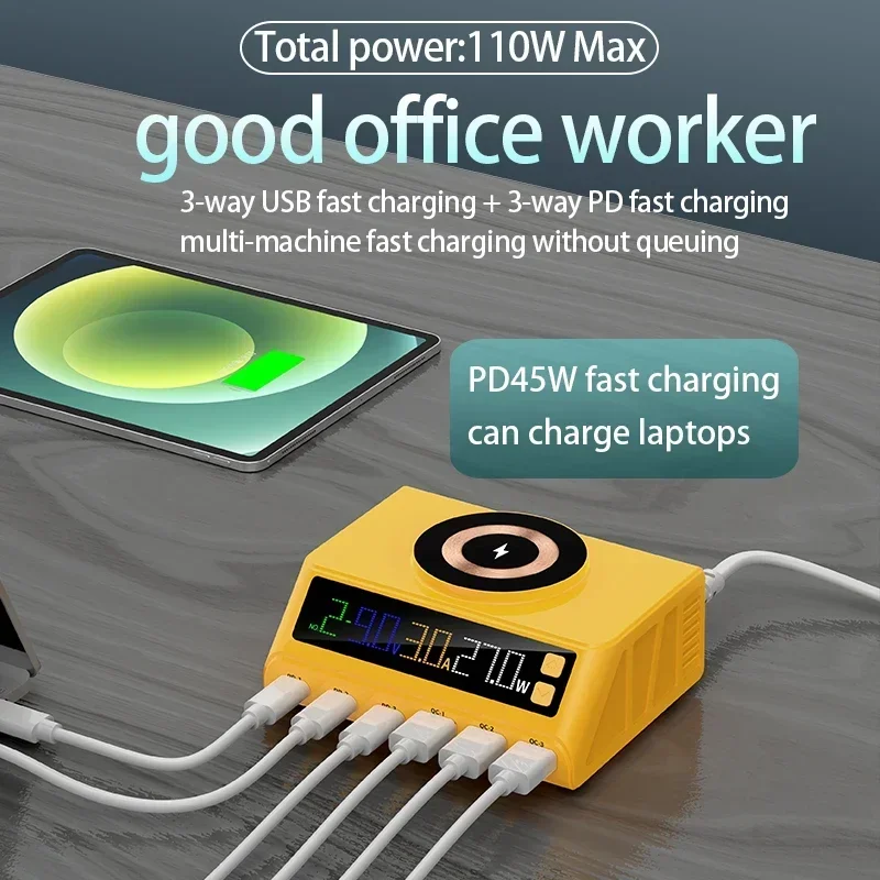 110W Multi-Port Charger Universal PD+QC3.0 Fast Charging for iPhone 16 15 14 13 12 Digital Display Magnetic Wireless Charging