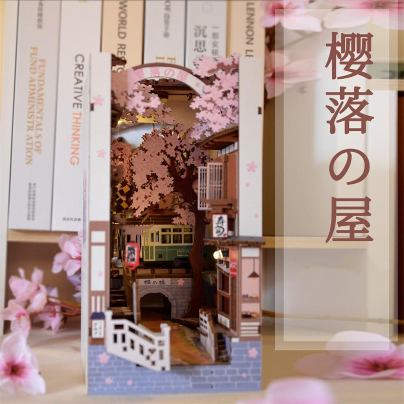 DIY Holz Buch Winkel Regal Einsatz Bausätze Miniatur Kirschblüte Buchstützen Japanische Puppe HäNutzer Spielzeug Bücherregal Wohnkultur