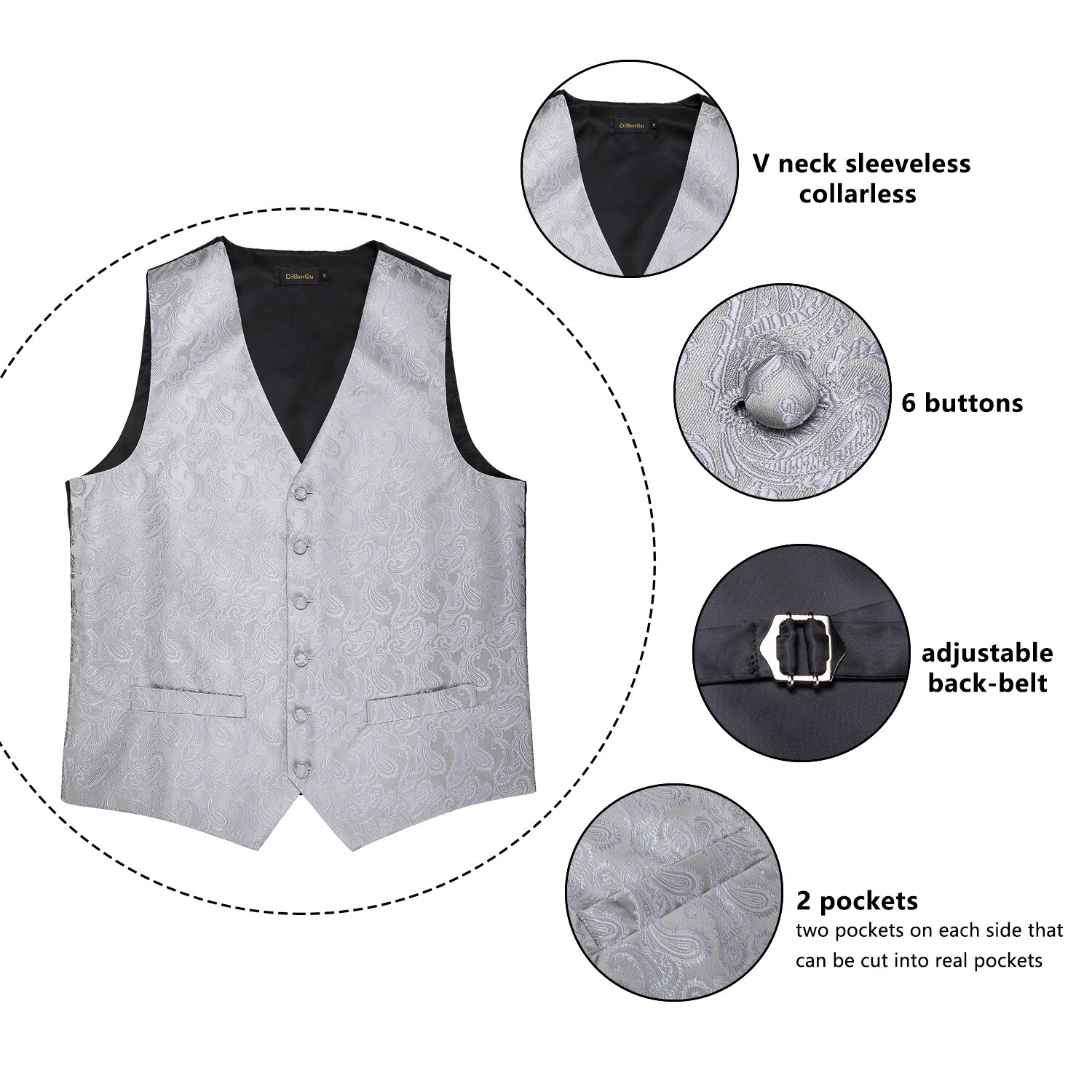Herre sølv paisley kjole Vest silke Vest formell paisley bowties mansjettknapper lomme firkantet sett røyking mannlige j -110 dobby