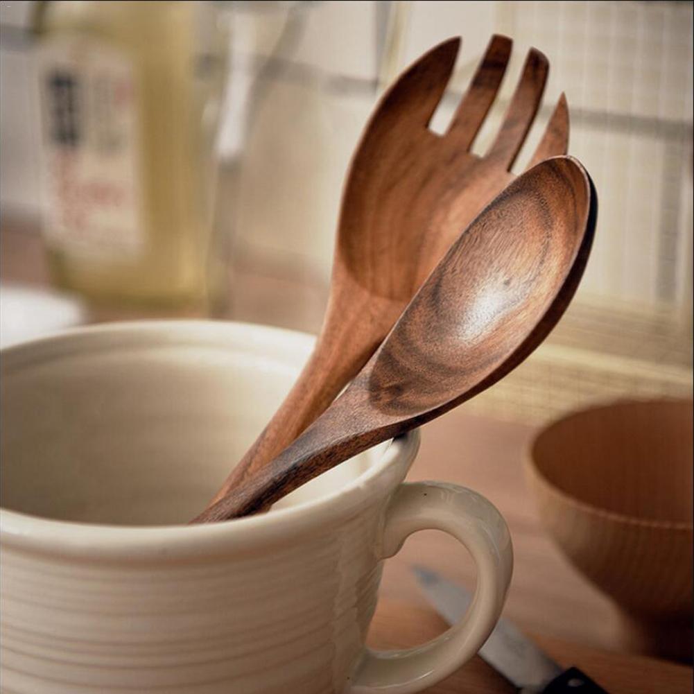 2Pcs/Set Salad Servers Acacia Wooden Utensils Cooking Spoon Salad Fork Tableware Set Eco-friendly Kitchen Tools 20E