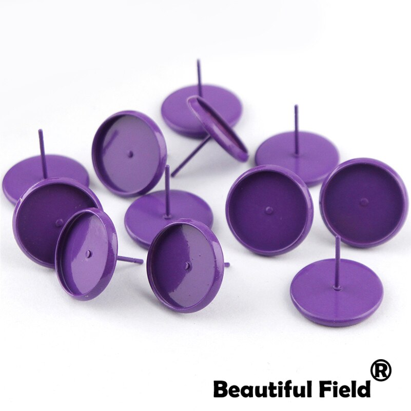 30 pezzi misura 8mm 10mm 12mm 14mm cabochon orecchini Base orecchio impostazione colorato placcato rotondo cammeo Base vuoto viola con spina