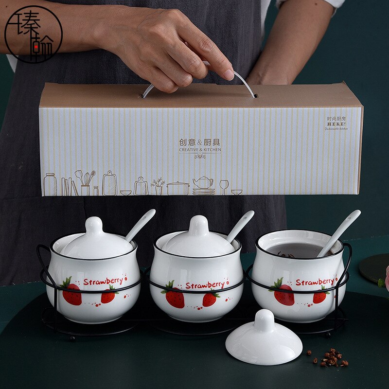 Seasoning pot set Three-piece ceramic seasoning pot kitchen supplies oil and salt pot combination with shelf