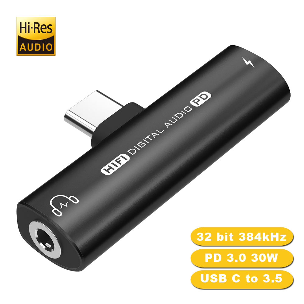2 w 1 Adapter USB C na 3,5 MM Jack Słuchawki Audio Adapter PD 30W Szybkie ładowanie Typ C 3,5 mm Aux Hi-Res Konwerter do iPada Pro Air Samsung: Black