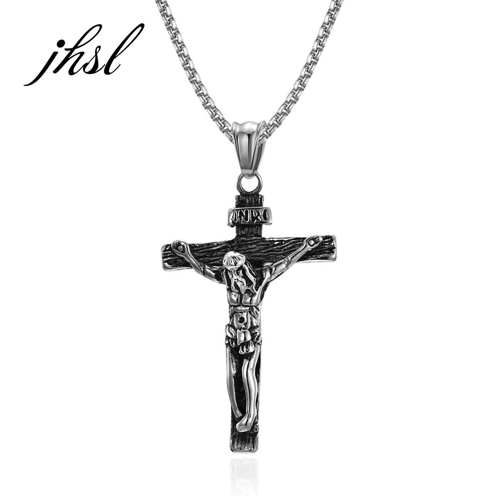 JHSL 55/60/70 cm Chain Classic Men Jesus Necklace Cross Pendants Jewelry Stainless Steel Silver Color