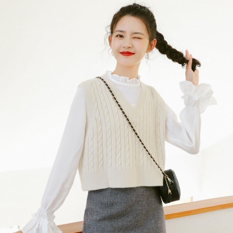 Strikket undertrøje til kvinder slank top sweater langærmet dame tidligt efterår all-match: Beige