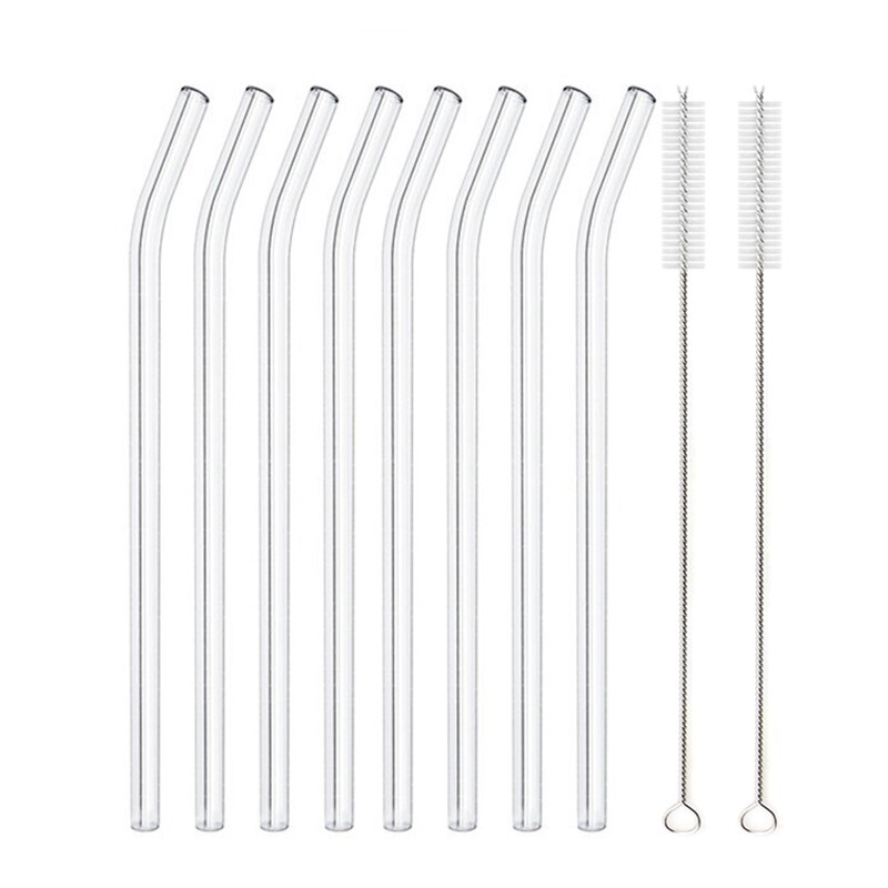 Lote de Pajitas Ecológicas Reutilizables, Pajas 8,5&quot; x 8mm para Beber de Vidrio Multicolor, para Bebidas Saludables, Cócteles, Granizados, Batidos: 8pcs Clear Bent