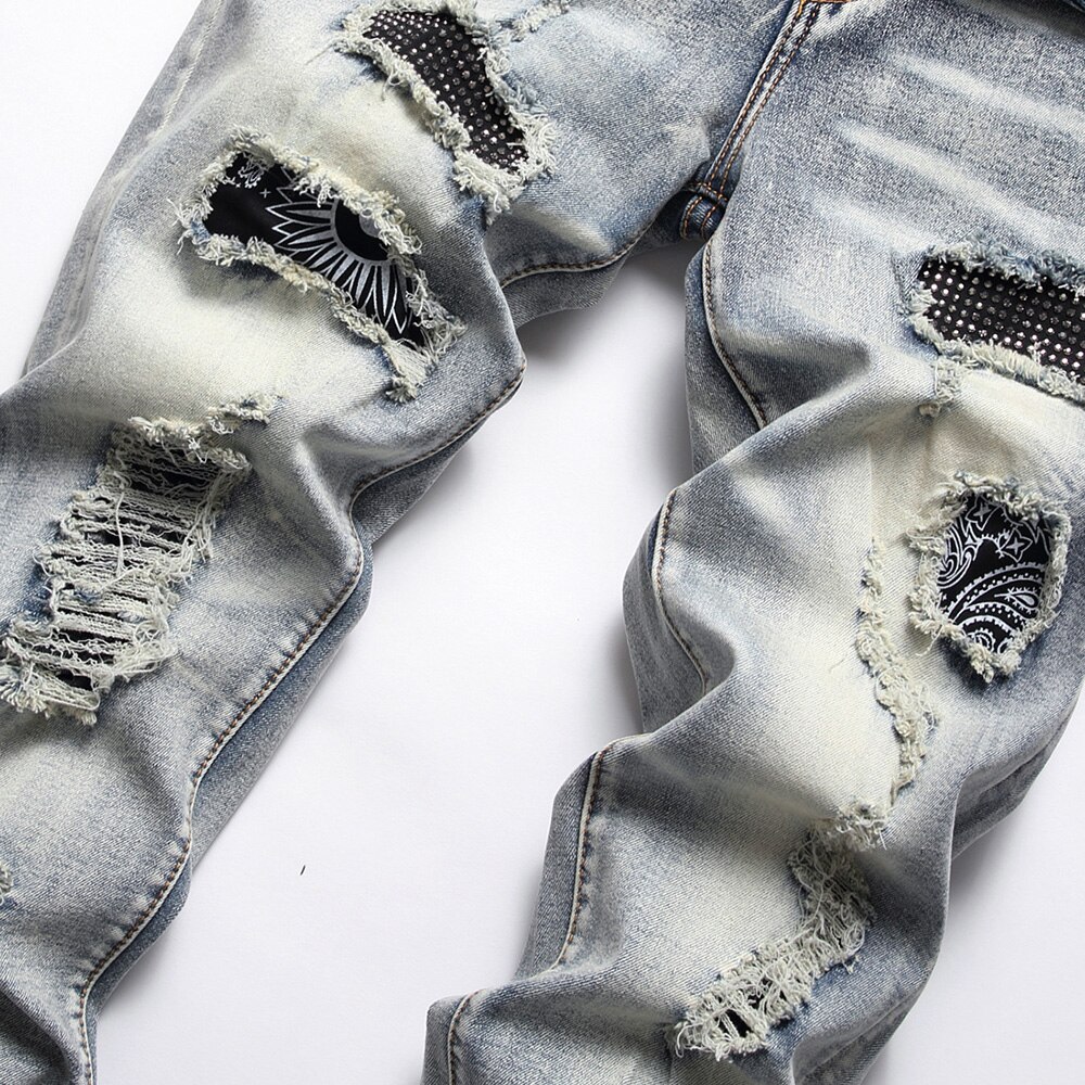 Pantalones vaqueros elásticos de cristal para hombre, ropa de calle con estampado de Bandana de Cachemira, pantalones de retales con agujeros rasgados Vintage