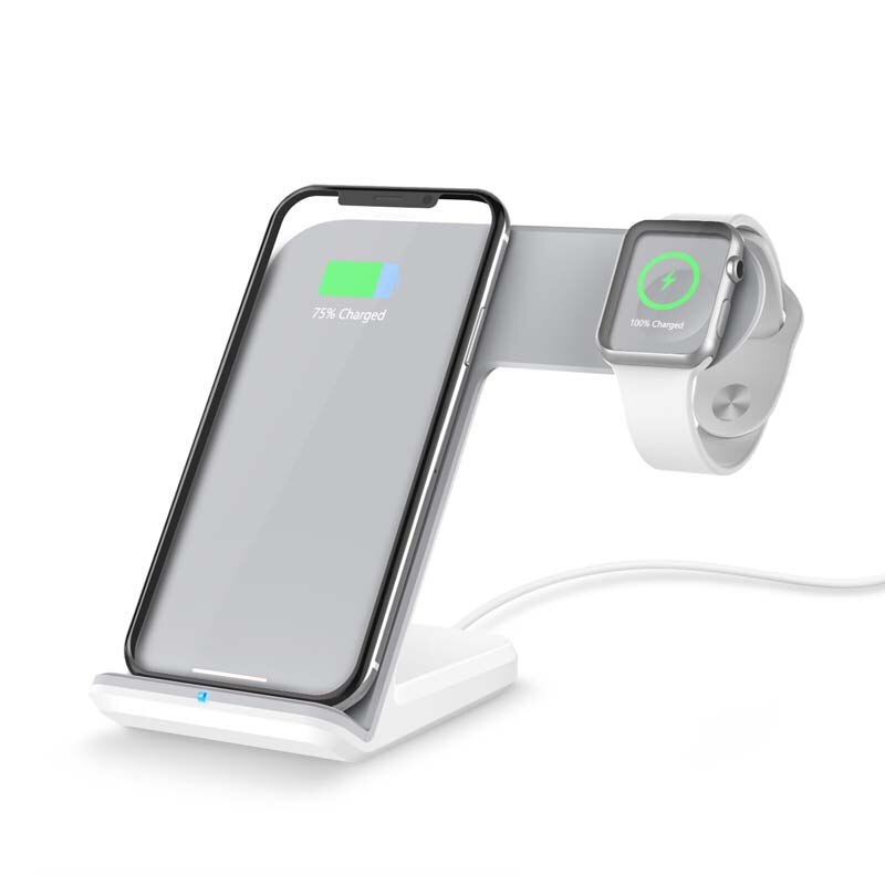 Chargeur sans fil 2 en 1 pour Apple Watch iPhone 11, 11 PRO, 11 MAX PRO, XS MAX, XR, XS, 8 Plus, iPhone et Station de recharge pour montres: white