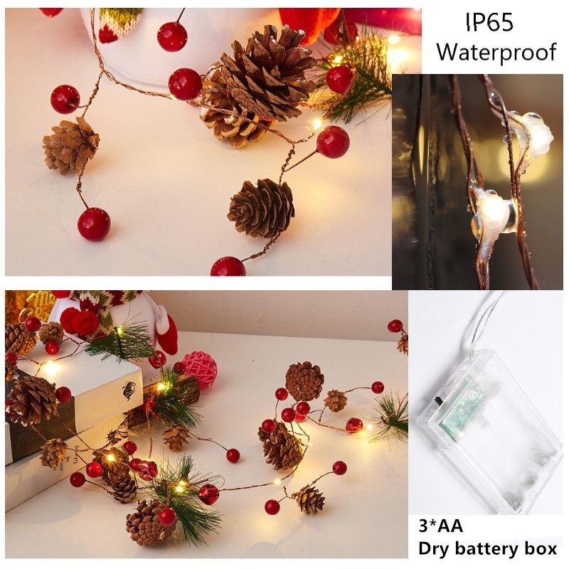 2 pakke julekrans med lys 2m 20 led batteri strømsnor lys juletræ taksigelse boligdekoration fyrremajs guirlande