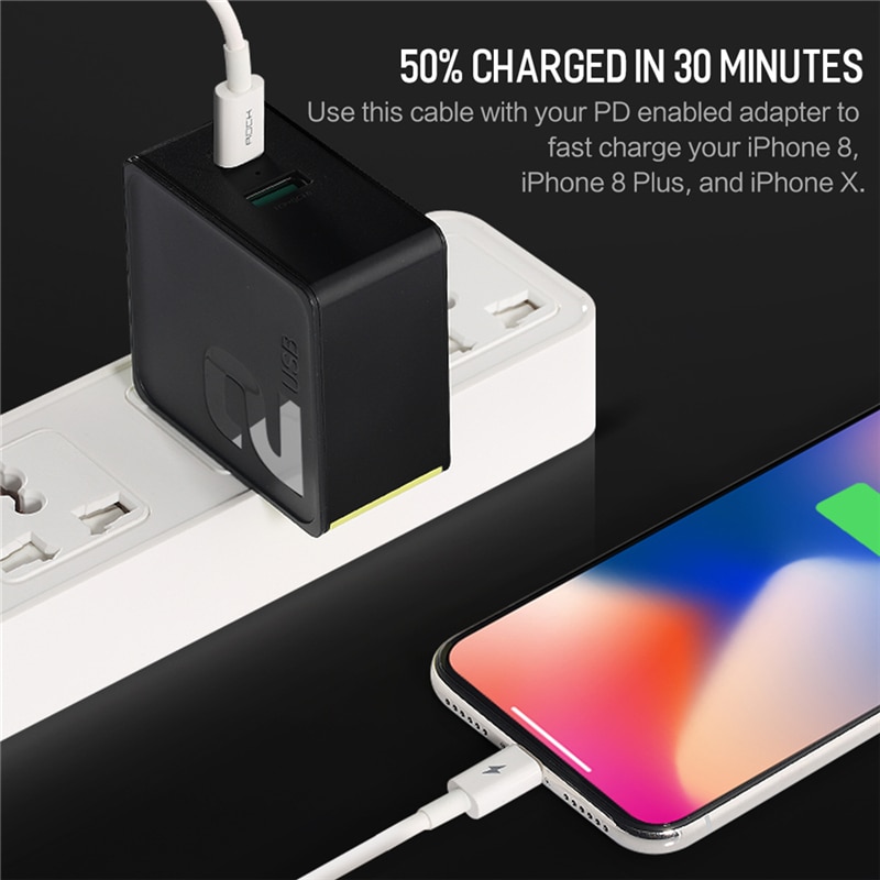 Rock pd tipo c para iluminação, cabo de carregamento rápido 18w para iphone x 8 plus macbook pd carregador sincronização cabo de dados usb c USB-C