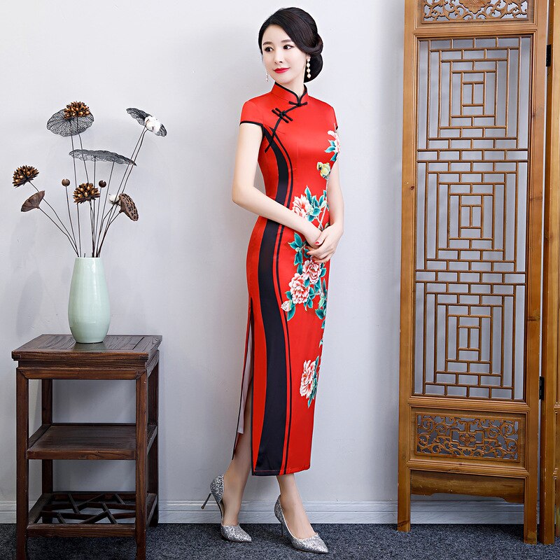 Plus størrelse 6xl kvindelig satin traditionel kinesisk kjole print med korte ærmer qipao vintage orientalsk cheongsam