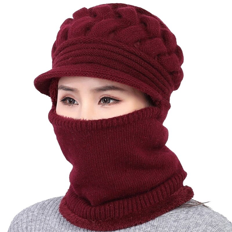 Damer vinter varm uldhue kvindelig varm strikket uldhue med tyk hagesmæk og høreværn hat støvtætte cykelhatte: Mørkerød