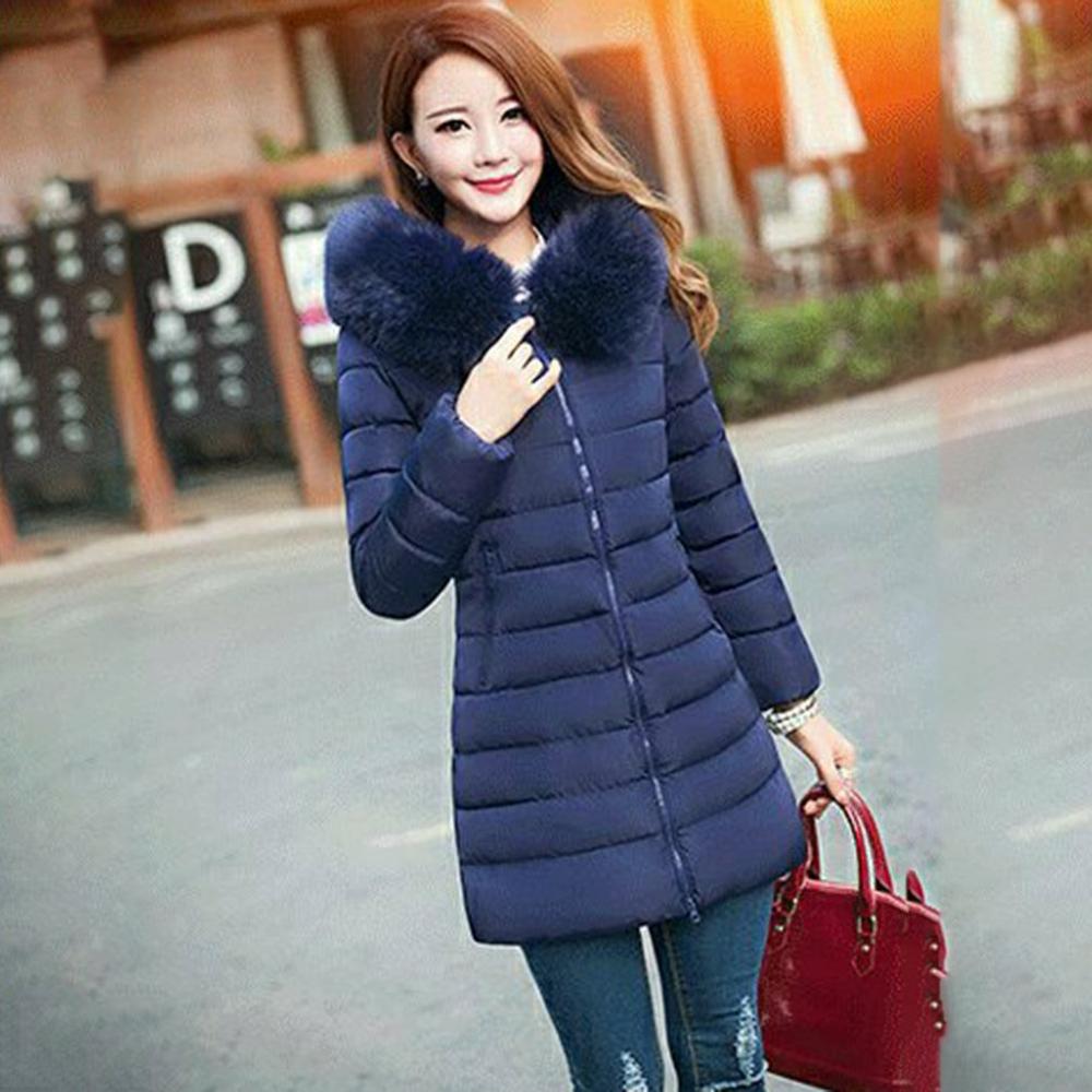 Plus size halflange katoenen bovenkleding winterjassen dames met grote bontkraag ultradunne dikke warme overjas kleding: Blauw / Xxl