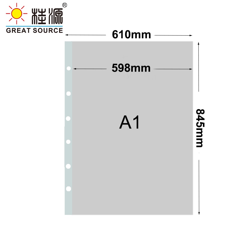 A1 sac de présentation A1 classeur pochette 6 trous pour A1 classeur Document W610 * H845mm(24.02 "* 33.27") (10 pièces)