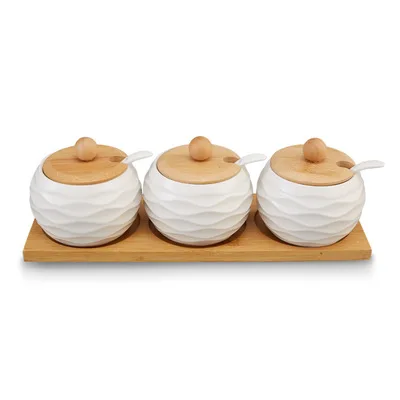 1/3pc Keramik Gewürze Gläser Küche Salz Pfeffer Zucker Organizer Container Kasten Mit Holz Deckel Löffel Gewürz Gestell Regal Tablett: Orange