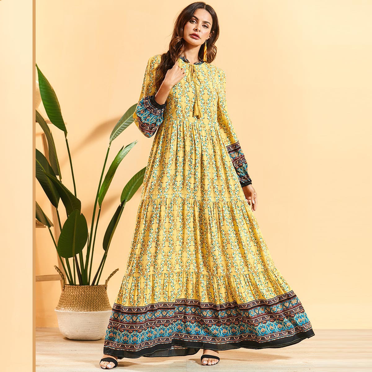 Dubai Turkey Muslim Dress Women Print Floral Big Swing Slim Maxi Hijab Dresses Islamic clothing Moroccan Elbise Abaya Kaftan