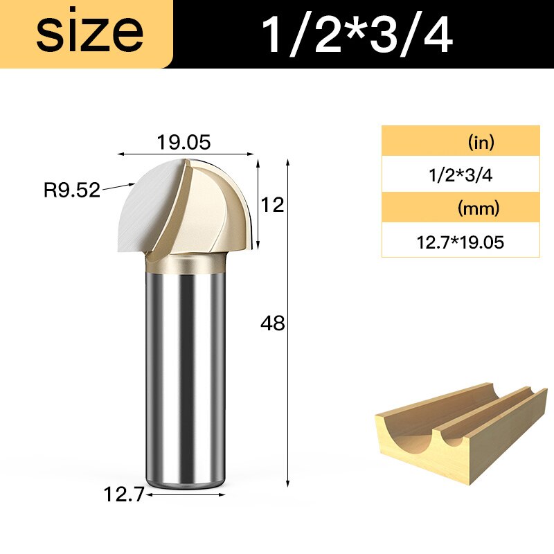 Houtbewerking Core Box Ronde Cove Neus Bit Hardmetalen Cnc Groef Gereedschap 1/2 1/4 Shank Frezen Voor Hout Frezen cutter: 8.5mm