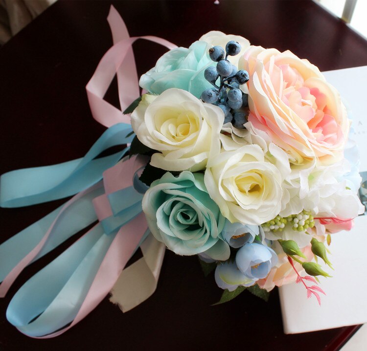 Handgemaakte Pioen Kunstmatige bruid Boeket Roze Pioen Blauwe Hortensia Blue Rose bloemen Bruidsmeisjes Boeket woondecoratie