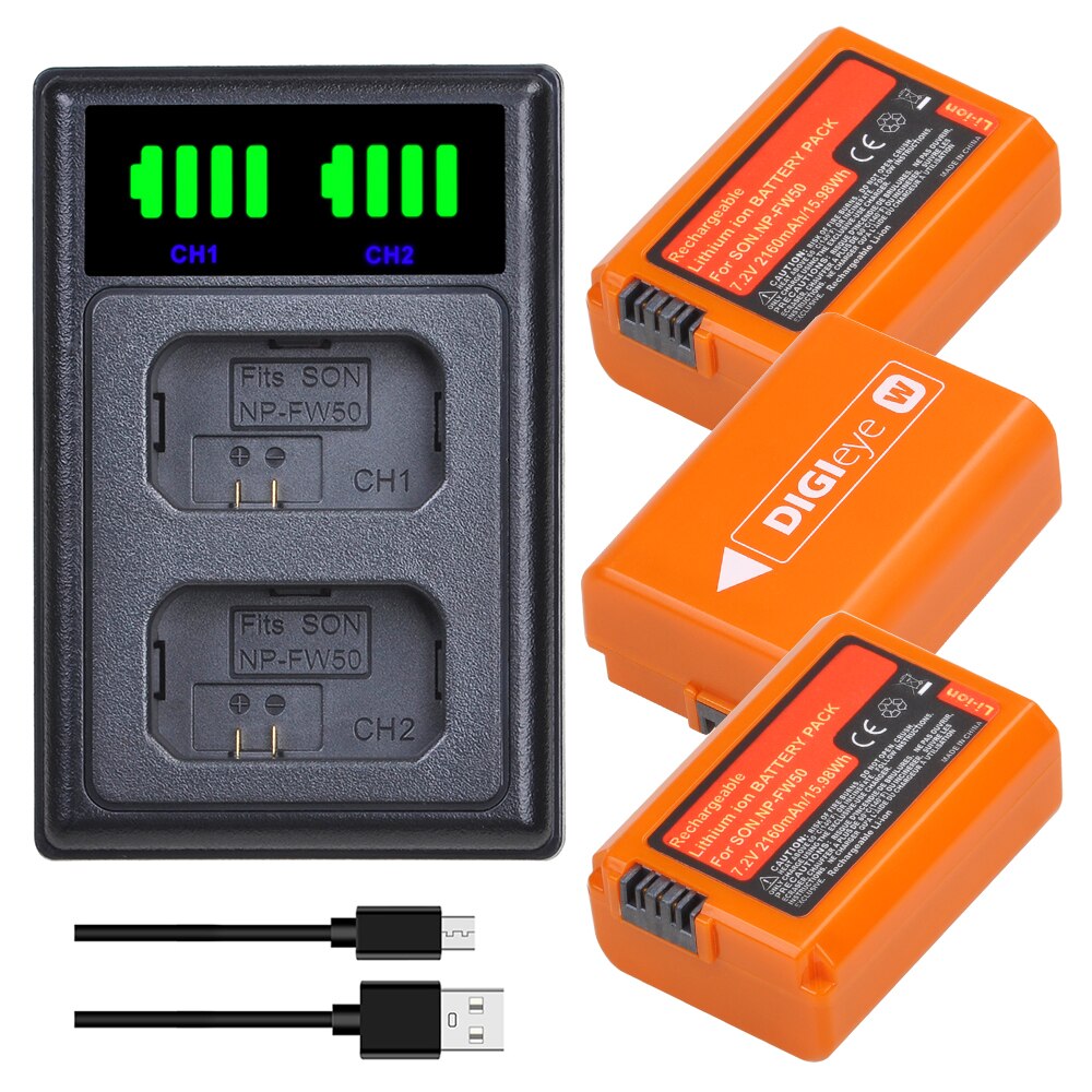 2160Mah NP-FW50 Np FW50 NPFW50 Batterij Voor Sony Alpha A7 A7II A7R A7RII Alpha A6000 A6300 A6400 Met Led dual Charger: 3 battery 1 charger