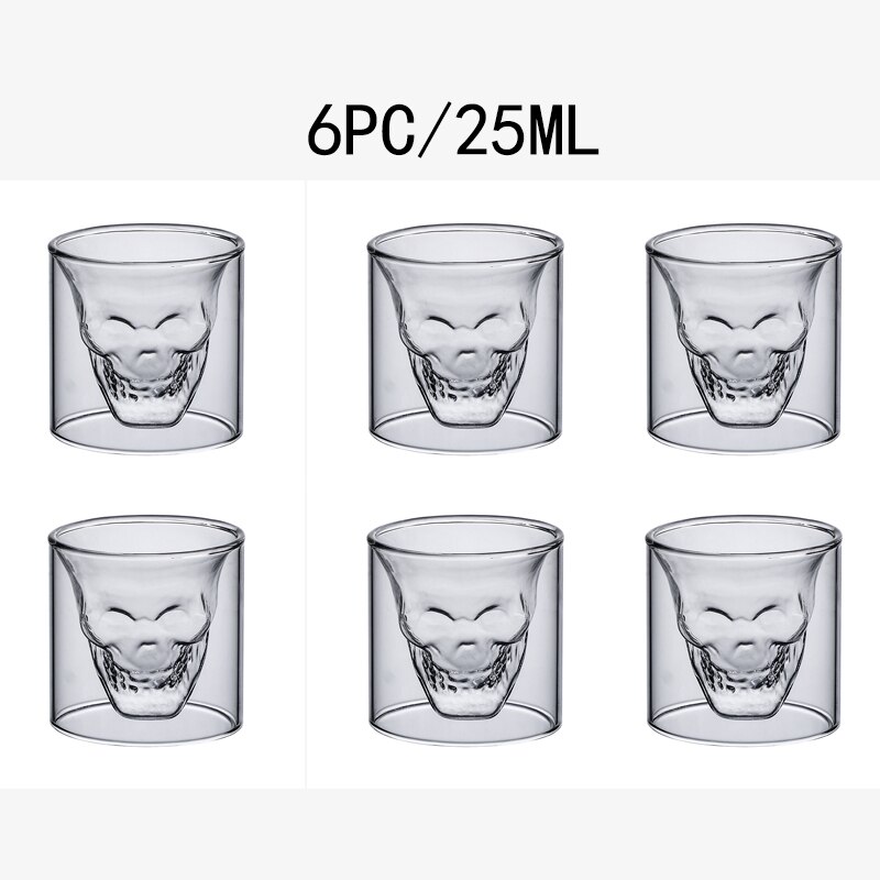 2-16Pcs 25Ml Schedel Cup Dubbel Transparant Glas Bier Whiskey Vodka Wijn Water Champagne Cocktail Wijn Bril koffie Melk Mokken: 6PC skull cup 25ML