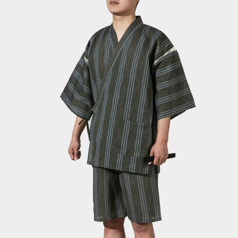 Mannen Japan Stijl Pyjama Sets Yukata Kimono Nachtkleding Half Mouw V-hals Tops Shorts Gestreepte Nachtkleding Pyjama Homme 226-117: Grijs / M