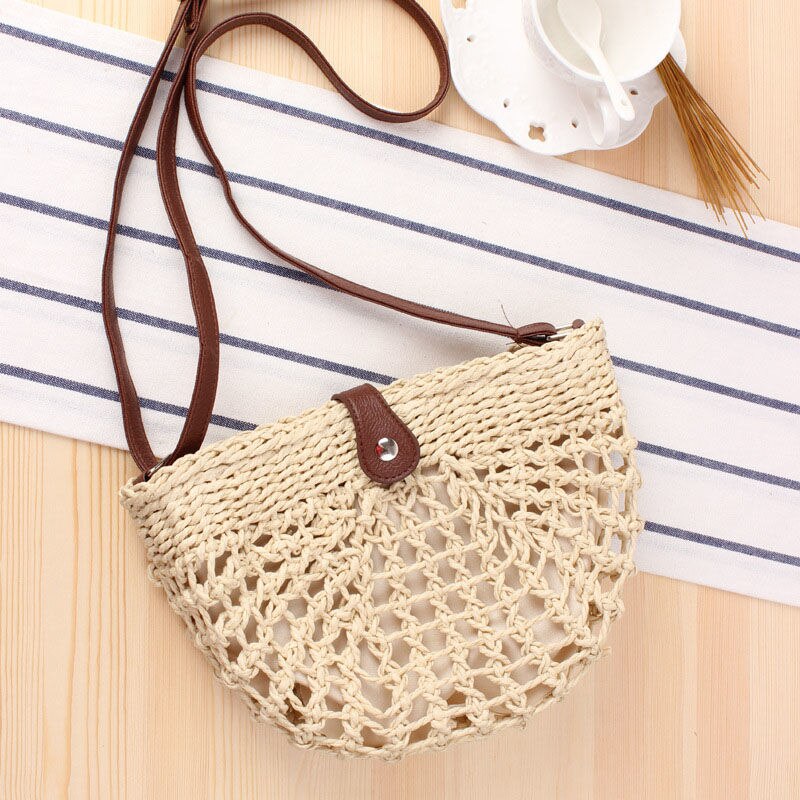 Women Diagonal Bag Hollow Hand-Woven Bag Europe and the United States All-Match Shoulder Bag Semi-Circular Straw Woven Bag: Beige