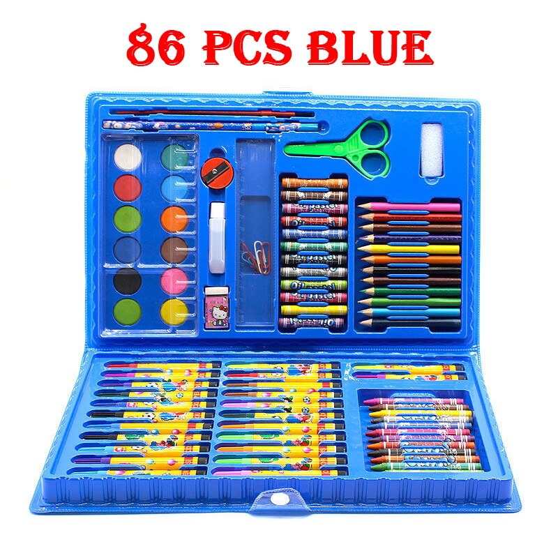 42-208Pcs Kids Draw Set Colored Pencil Crayon Watercolor Pens with Drawing Board Educational Toys Water Painting Art: 86 pcs Blue