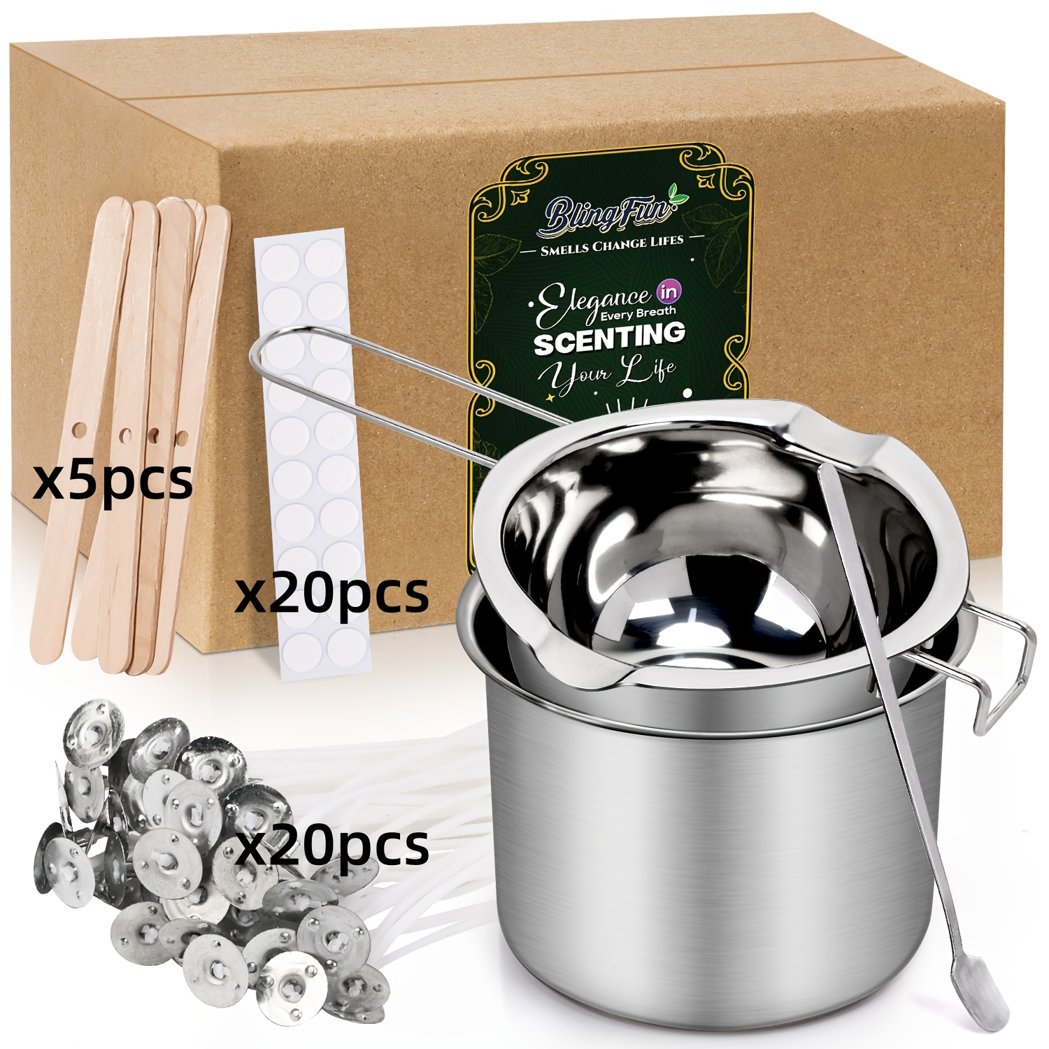 BlingFun Candle Making Kit with Melting Pot, Wicks, Wooden Wicks, Wick stickers, and Wick Holders: Light Grey