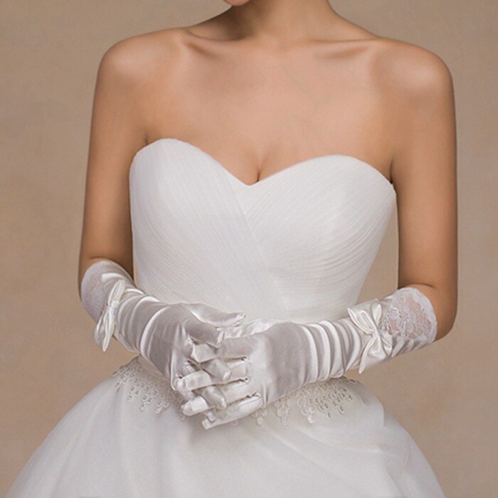 Long Satin Gloves For Wedding Lace Appliques Wedding Gloves For Bride Princess Gloves For Wending Accesories Bride