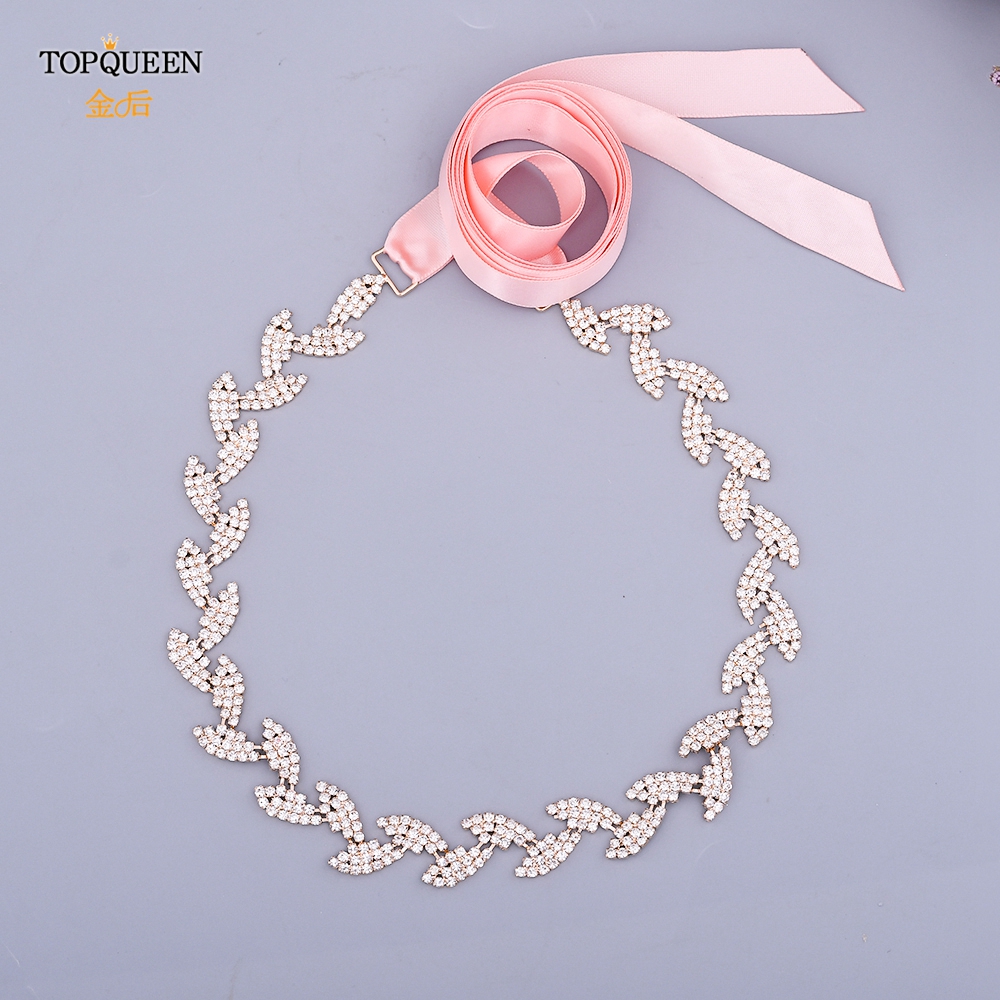 TOPQUEEN S198-G złoty pasek robić sukni ślubnej błyszczące stopu kryształ górski liście skrzydła kobiety diament akcesoria ślubne dla nowożeńców impreza pas: Vintage różowy faborek