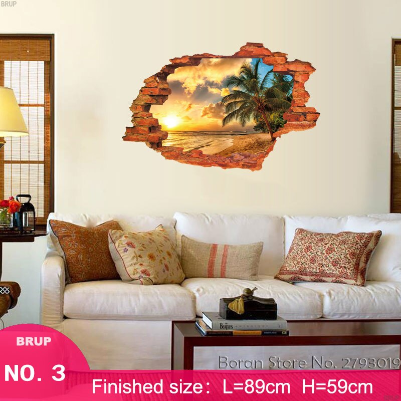 7 Kinds 89*59cm Nature landscape 3D Wall Stickers Hole View Art Landscape Wallpapers Beach Castle Tree Vinyl Mural Home Decor: 03