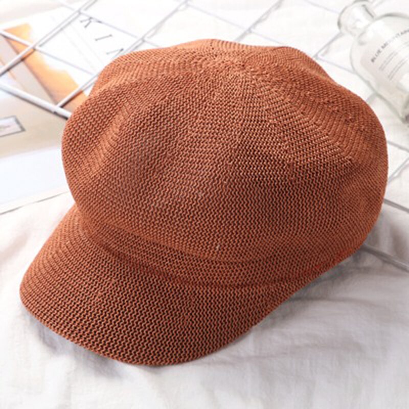 Octagonal Cap Straw Women Summer Thin Newsboy Cap Painter Straw Knitted Beret Mesh Breathable Sun Hat: 08
