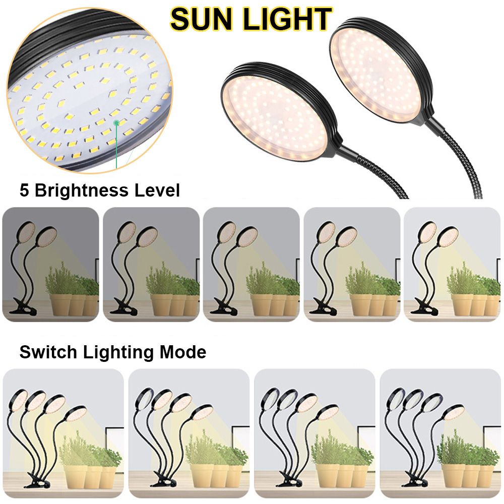 Luces LED de cultivo de plantas de 1/2/3/4 cabezales, lámpara Phyto de espectro completo regulable con Clip, temporizador de encendido/apagado automático, luz de cultivo de vegetales y flores para interiores