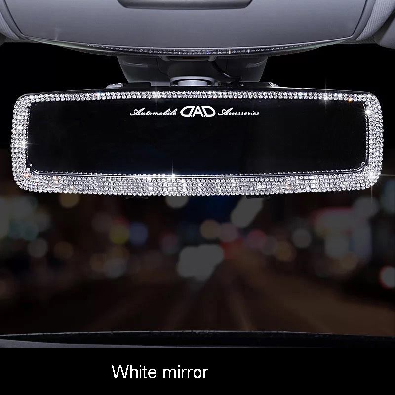 Rhinestone bil interiør bakspejl indretning charme crystal bling diamant ornament bakspejl dækning kvinder auto tilbehør: Hvid
