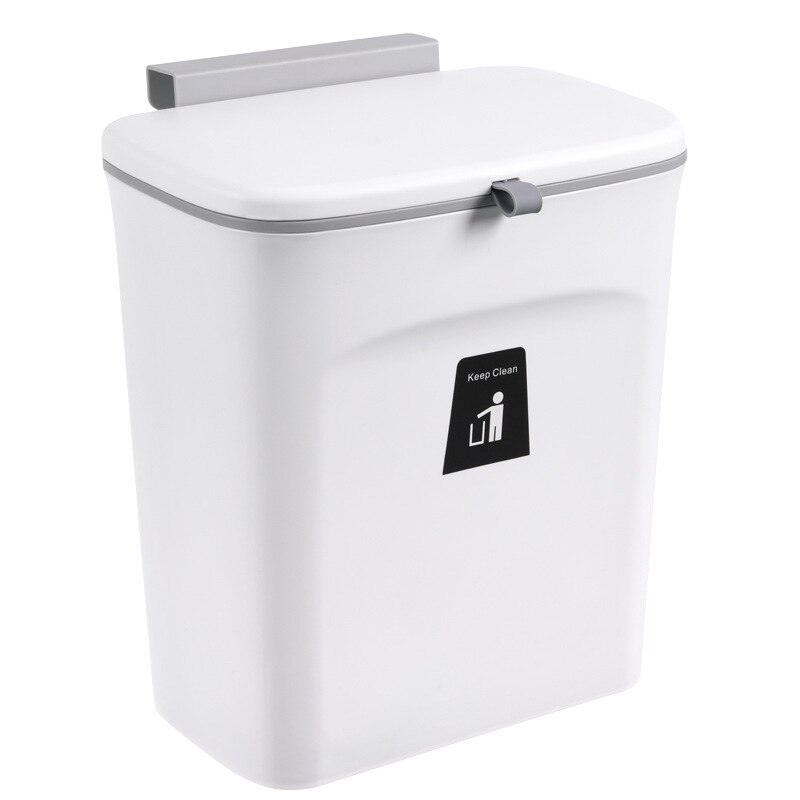 7/9L Kitchen Trash Can Wall Mounted Garbage Bin Recycling Garbage Basket Waste Bin Cabinet Door Hanging With Lid For Bathroom: 9L wihte