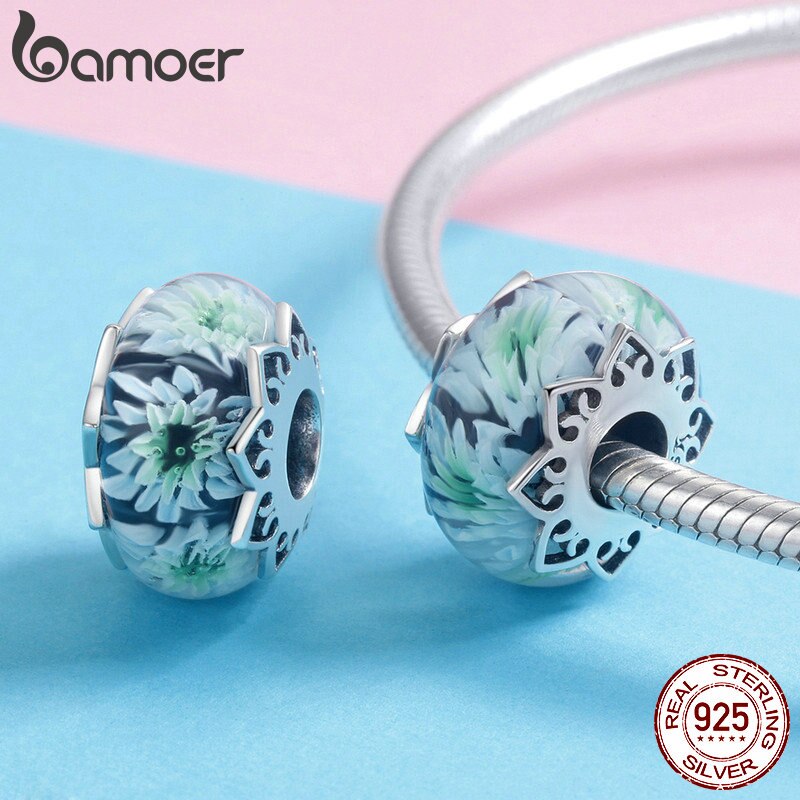 BAMOER 100% 925 argent Sterling chrysanthème fleur perles de verre européennes ajustement Bracelets porte-bonheur colliers bijoux SCC1011
